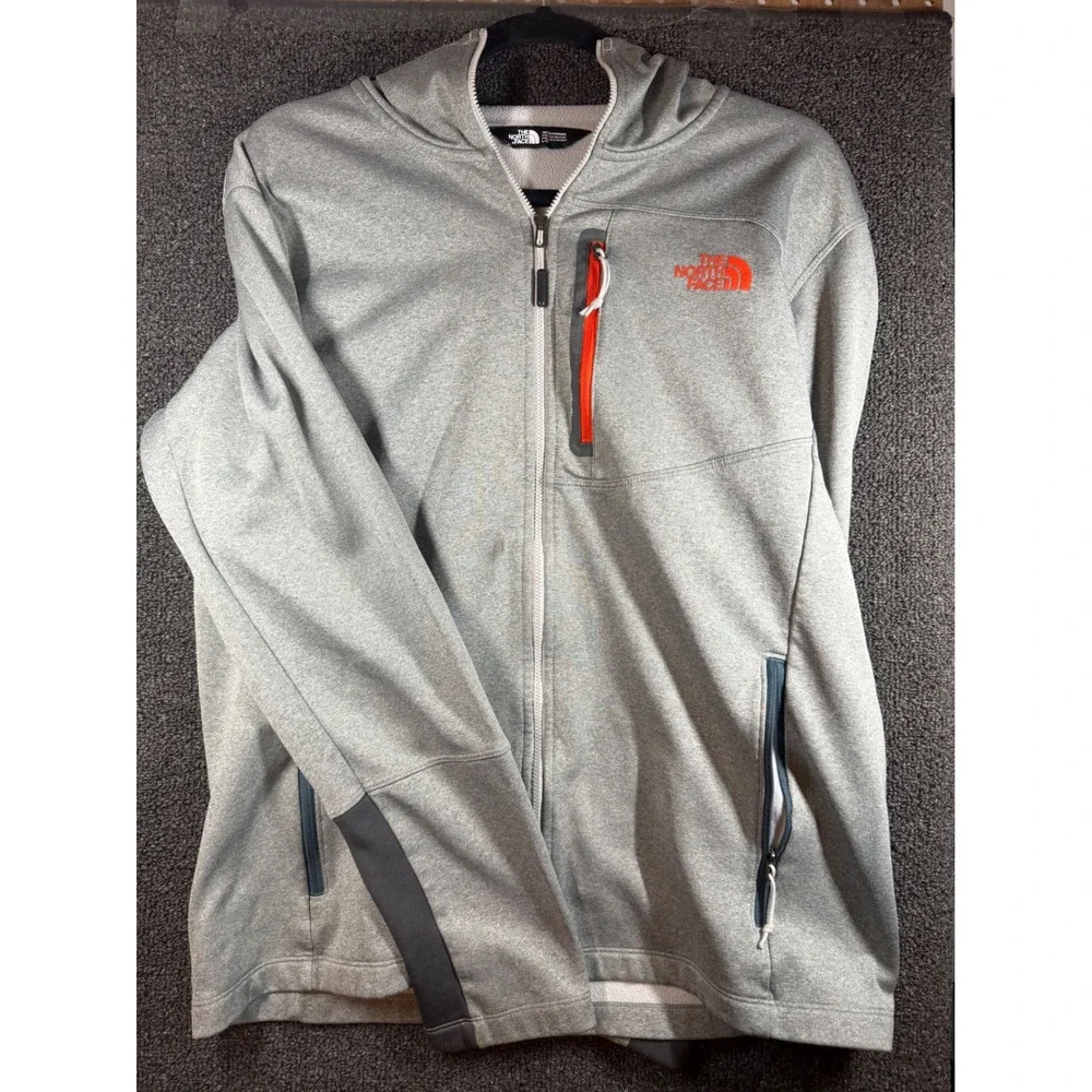 The North Face Full Zip Hoodie Mens L Gray Orange Logo Active Fleece Jacket